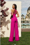 Hot Pink Sexy Strappy Back Plunge Casual Straight Jumpsuit