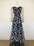 Plus Size Women Vintage Floral Print Mesh See-Through Maxi Evening Dress