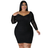 Plus Size Off Shoulder Solid Long Sleeve Ruched Bodycon Dress