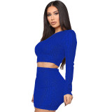 Women Long Sleeve Sequin Crop Top and Mini Skirt Two Pieces