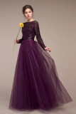 Purple Long Sleeve Mesh Patchwork Long Evening Dress
