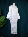 Elegant Plus Size Elegant White Mock Neck Lace Patchwork Flare Sleeve Formal Dress