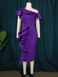 Women's Purple Slash Shoulder Ruffles Slit Midi Party Dress