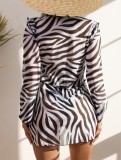Women Black White Striped Tie Waist Cardigan Beach Cover-up