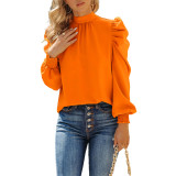 Solid Mock Neck Puff Sleeve Blouse