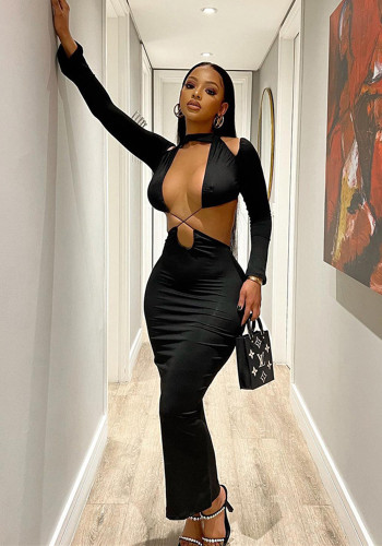 Women's Black Sexy Cutout Slim Long Bodycon Dress