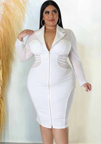 Solid See Through Patchwork Turn Down Collar Zipper Slim Plus Size Bodycon Dress