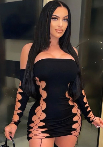 Women Hollow Out Off Shoulder Lace-Up Sexy Club Dress