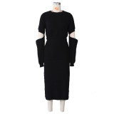 Women's Trendy Cutout High Slit Sweater + Midi Skirt Knitted 2PCS Set