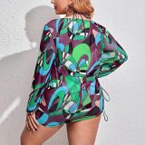 Womens Print Three-Piece Plus Size Long Sleeve Swimwear