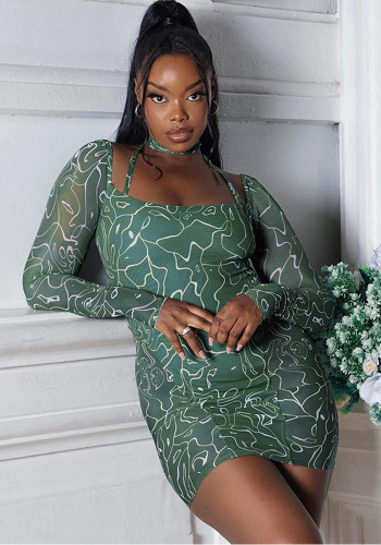 Green Print Mesh Patchwork Halter Neck Long Sleeve Bodycon Dress