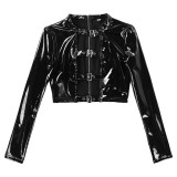 Women Sexy Black PU Leather Hollow Out Lace-Up Jacket and Shorts Uniform Lingerie