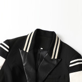 Sexy PU Leather Patchwork Baseball Uniform Double Breasted Blazer
