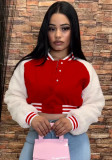 Patchwork Baseball Jacket with Sherpa Sleeve for Women