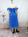 Blue Off Shouler Mesh Princess Prom Dress