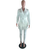 Fashion Tassel Belted Blazer Slit Bottom Pants Career Two Piece Suit