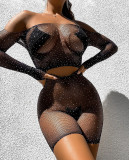 Black Mesh Off Shoulder Long Sleeve Top and Skirt Two Piece Erotic Lingerie Set