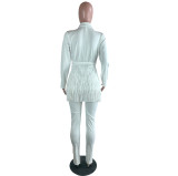 Fashion Tassel Belted Blazer Slit Bottom Pants Career Two Piece Suit