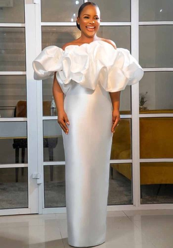 White Elegant Off Shoulder Ruffle Plus Size Evening Dress