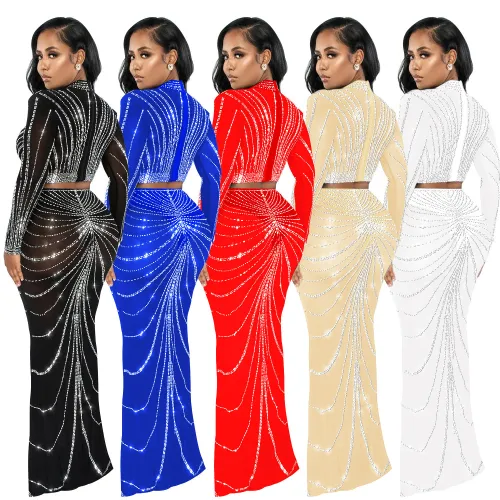 Trendy Rhinestone Mesh See-Through Long Sleeve Two Piece Skirt Set