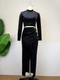 Black Velvet Button Cutout Ruched Long Slit Dress