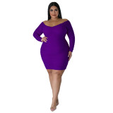 Plus Size Off Shoulder Solid Long Sleeve Ruched Bodycon Dress
