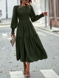 Women Long Sleeve Shirred Vintage Midi Dress