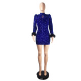 Sequin Sexy Keyhole Long Sleeve Feather Open Back Club Dress