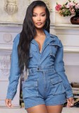 Women's Blue Long Sleeve Pockets Denim Rompers