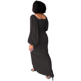Women Sexy Solid Puff Sleeve Front Slit Long Dress