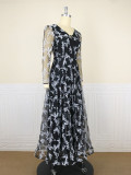 Plus Size Women Vintage Floral Print Mesh See-Through Maxi Evening Dress