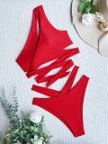Women Sexy Red Cut Out One Shoulder Two Piece Swimwear