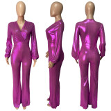 Metallic Sexy V-Neck Long Sleeves Wide Legs Jumpsuit