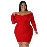 Plus Size Off Shoulder Solid Long Sleeve Ruched Bodycon Dress