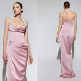 Pink Halter Neck Formal Party Slim Fit Long Dress