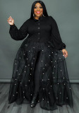 Plus Size Black Beaded Mesh Splicing Slit Front Maxi Dress