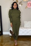 Plus Size Army Green Ruffles Sleeve Top + Pants Two-Piece Set