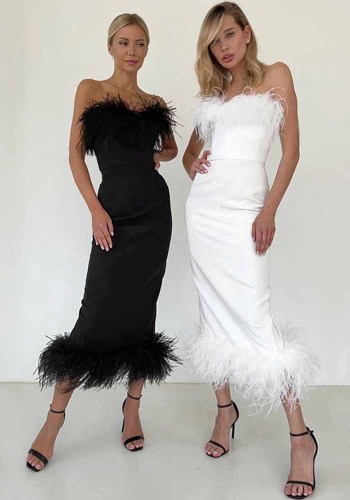 Women's Trendy Strapless Fur Trim Sexy Evening Dress