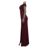 Women Sexy Solid V-Neck Off Shoulder Slit Maxi Evening Dress