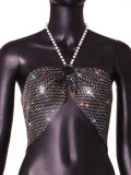 Women Sexy Pearl Halter Neck Rhinestone Party Crop Top