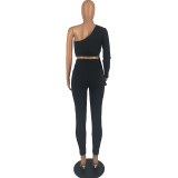 Women's Solid Slash Shoulder Single Sleeve Two Piece Pants Set