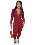 Women Ribbed Contrast Details Zip Up Long Sleeve Jumpsuit