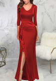 Sexy Elegant V-Neck Slit Ruched Women's Maxi Dress