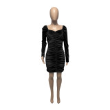 Women's Velvet Ruched Long Sleeve Sexy Bodycon Dress