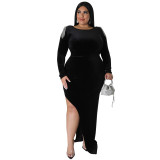 Plus Size Women's Solid Velvet Fringe Long Sleeve Cutout Back Party Maxi Dress