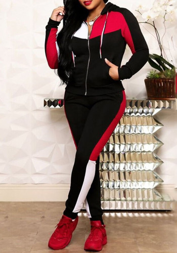 Plus Size Contrast Patchwork Hooded Tracksuit Two-Piece Set
