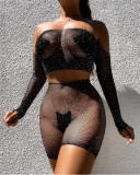 Black Mesh Off Shoulder Long Sleeve Top and Skirt Two Piece Erotic Lingerie Set