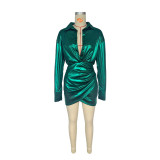 Women's Shiny Metallic Pleated V-Neck Long Sleeve Bodycon Dress