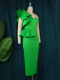 One Shoulder Green Plus Size Ruffle Slit Bodycon Midi Dress