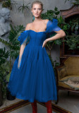 Blue Off Shouler Mesh Princess Prom Dress